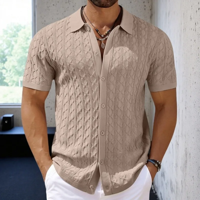 Men's Dark Green Short-Sleeve Knit Shirt Button-Down Cable Tees Pattern Casual Polo Top