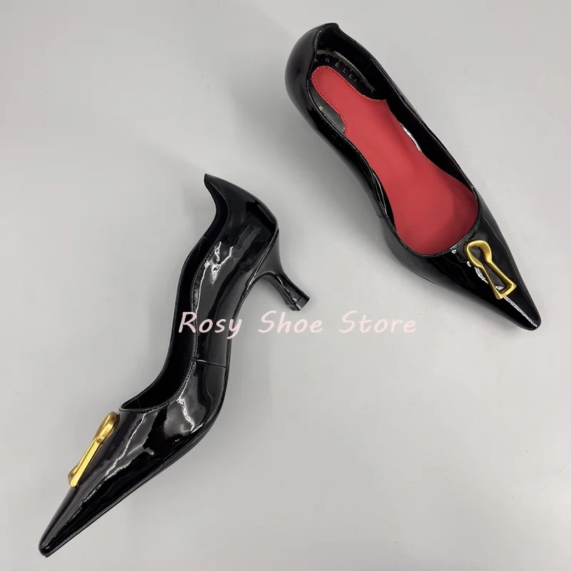 

Gold Metal Keyhole Black Patent Leather Velvet Novelty Accessory Women's Luxury Pumps Sexy Wrapped Pointed Toe Kitten Heel Pumps