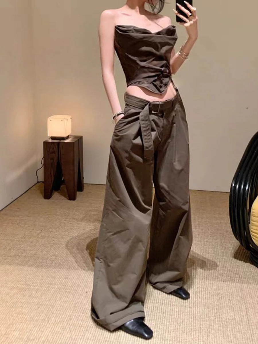 TWOTWINSTYLE 솔리드 투피스 세트 여성용 Strapless 민소매 탑 하이 웨이스트 루즈 캐주얼 와이드 레그 팬츠 Femle Fashion Style