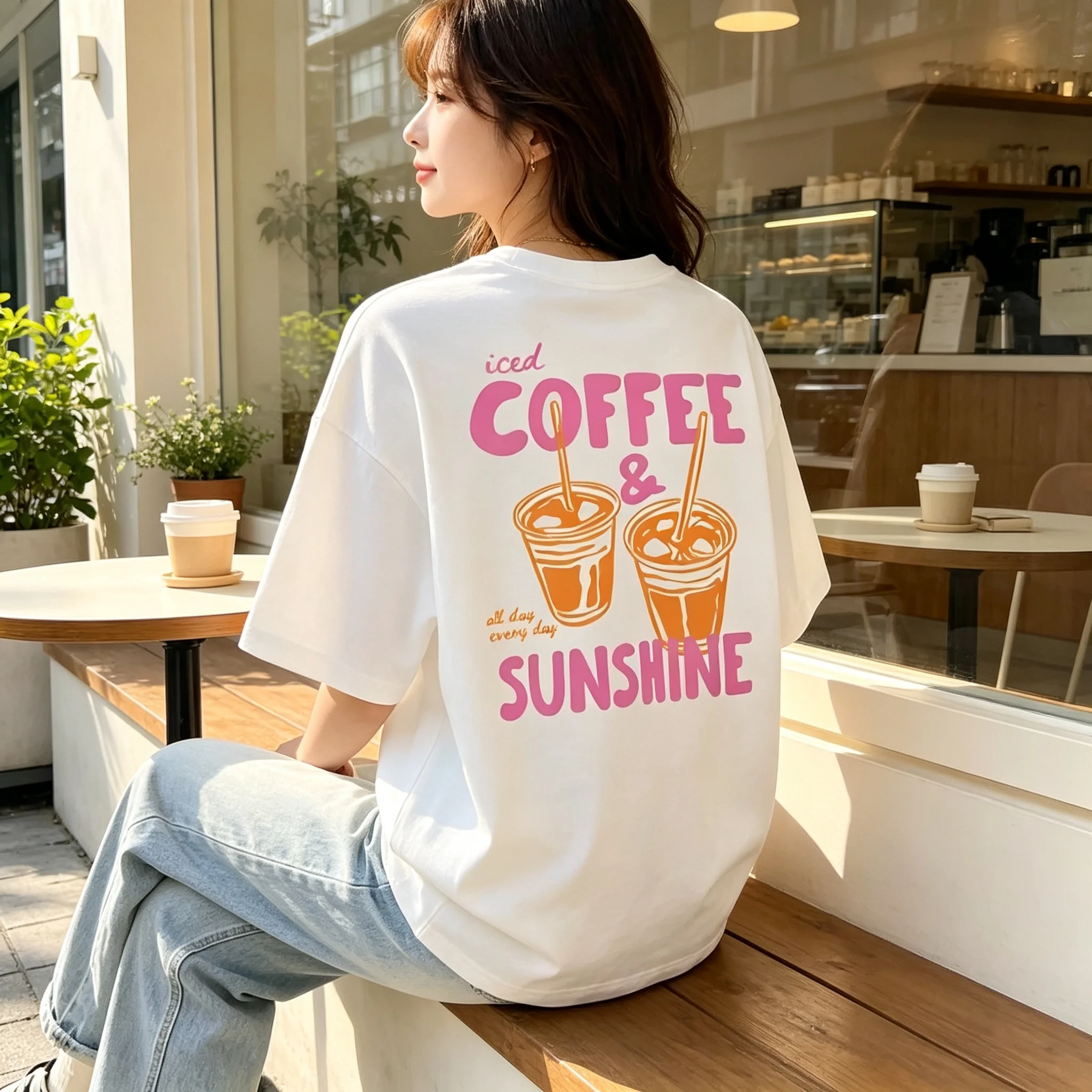 Ladies Vintage Coffee Sunshine Back Print T Shirt Soft Cotton Short Sleeve Kawaii Letter Graphic Casual Loose Summer Daily Tops