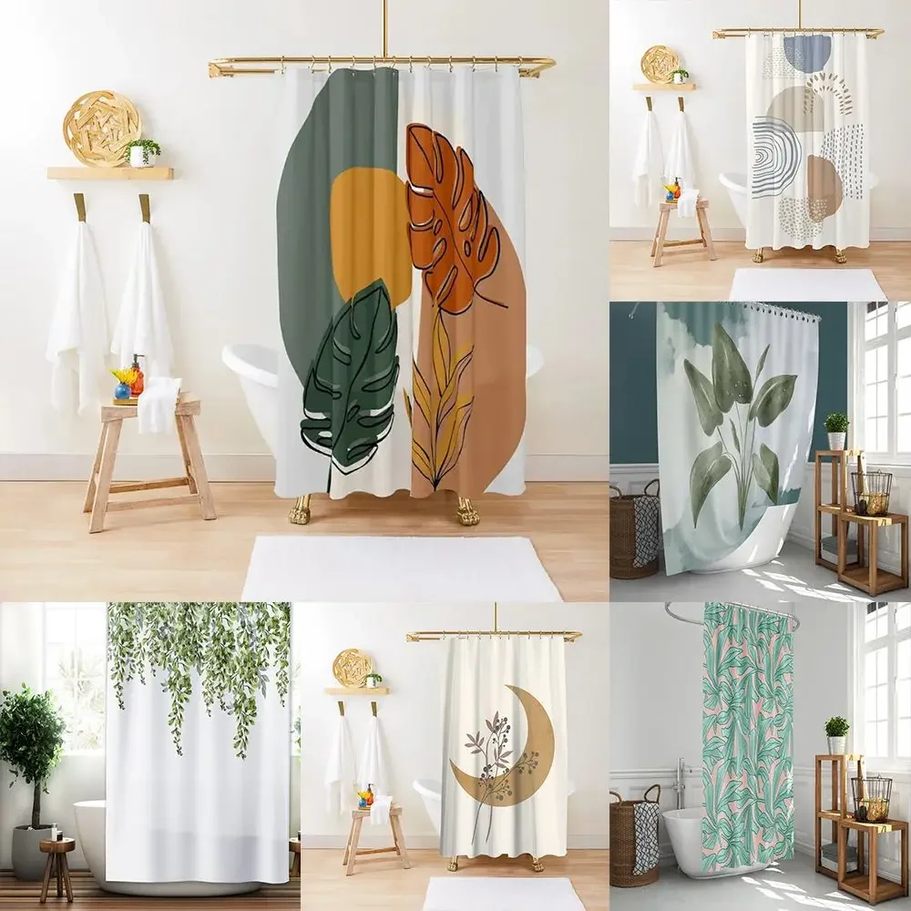 Art Geometric Pattern Shower Curtain Green Plant Flower Fabric Waterproof Polyester Bathroom Accessories Bath Curtain Decoration