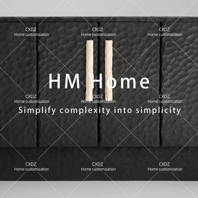 Medieval Solid Wood Dining Side Cabinet Black Hammer Pattern Multi Door Locker Movable Retro Light Luxury Home Living Room