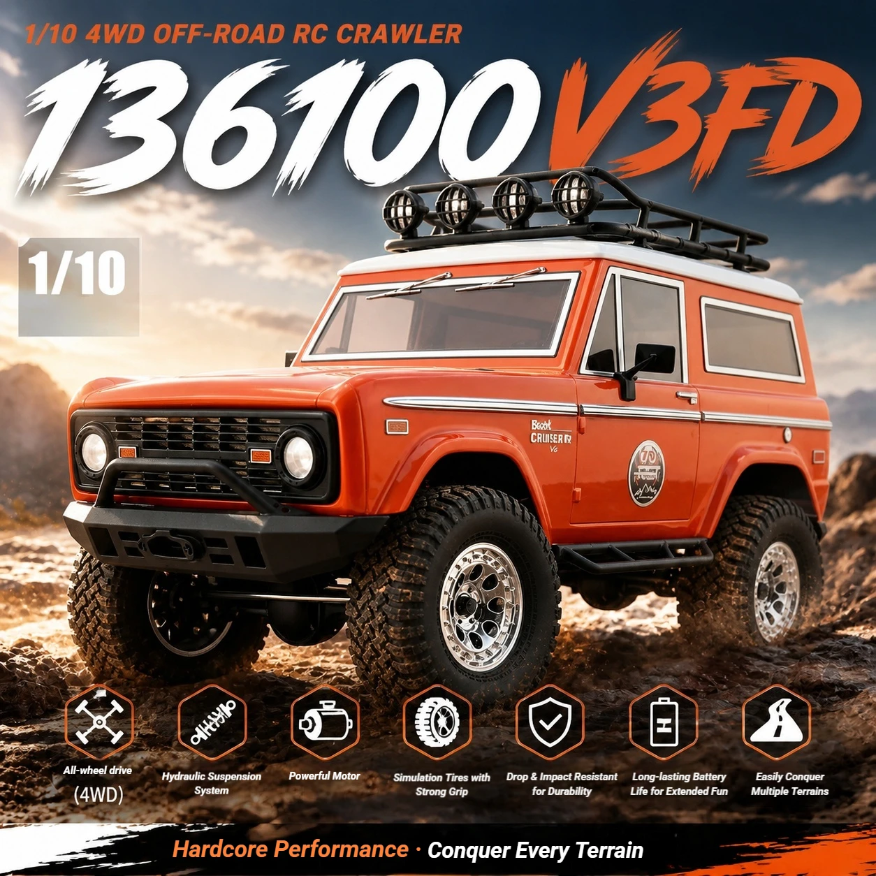 RGT 1/10 136100V3FD Four-Wheel Drive Simulation Climbing Car Professional RC Car Remote Control Off-Road Vehicle Model Toy