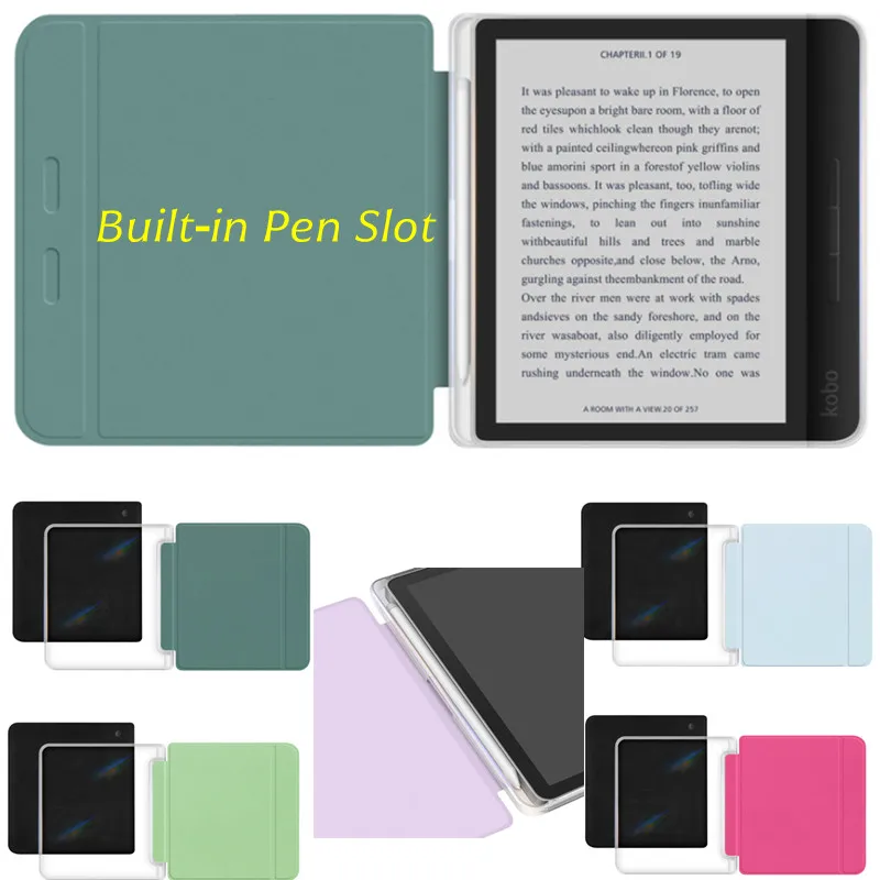 Transparent Back PU Leather Case For Kobo Libra Colour Color 7'' N428B With Pen Slot Auto Wake Sleep Shockproof E‑Reader Cover