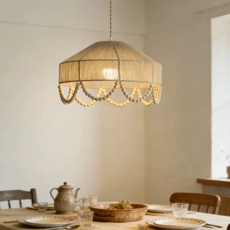 Wabi Sabi Hemp Rope Wooden Chandelier Handmade Weaving Bedroom Dining Room Homestay Living Room American Retro Pendent Lamp