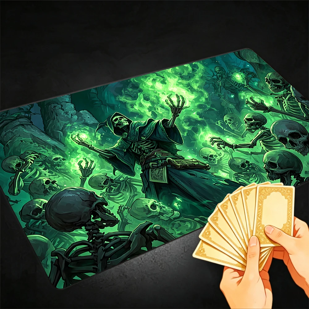 Green Skeleton Warlock TCG Playmat Magic Playmat Gathering Gaming Mat with Stitched Edge Anti-slip base Trading Card Game
