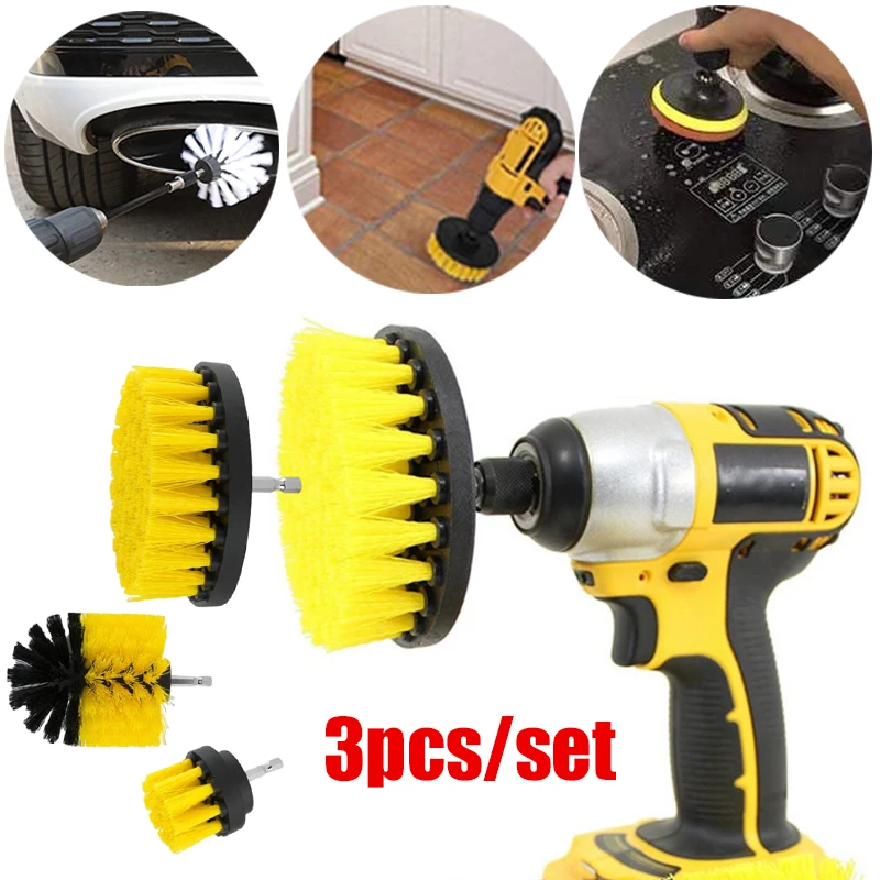 3Pcs/Set Electric Scrubber Cleaning Brush Drill Brush Kit for Cleaning Car Tires Bathroom Carpet Glass Round Brushes 2/3.5/4''