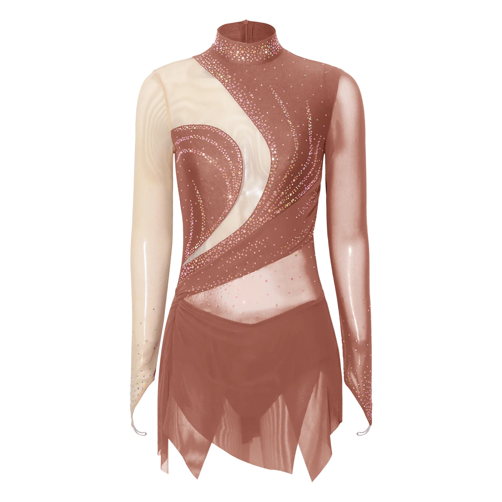 

Women Figure Skating Gymnastics Acrobatics Ballet Dance Leotard Dress Long Sleeve Shiny Rhinestones Sheer Mesh Dresses Dancewear