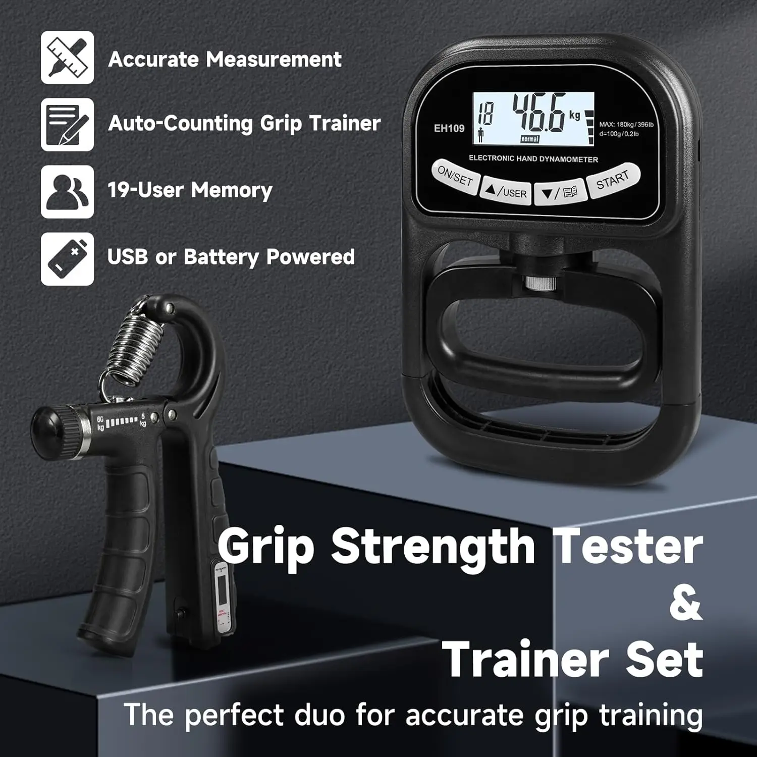 Digital Grip Strength Tester & Trainer Set – LCD Hand Dynamometer with 19-User Memory, USB or Battery Powered + Electronic Grip