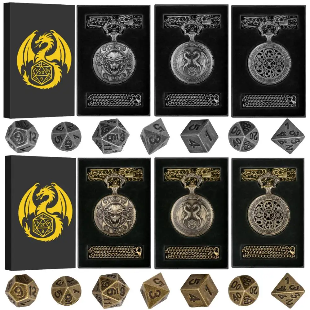 Vintage Grey Black/Bronze Metal Pocket Watch Case Mini Dice Set with 7pcs/Set Mini Polyhedral Dices Chain Pendant Gift Box