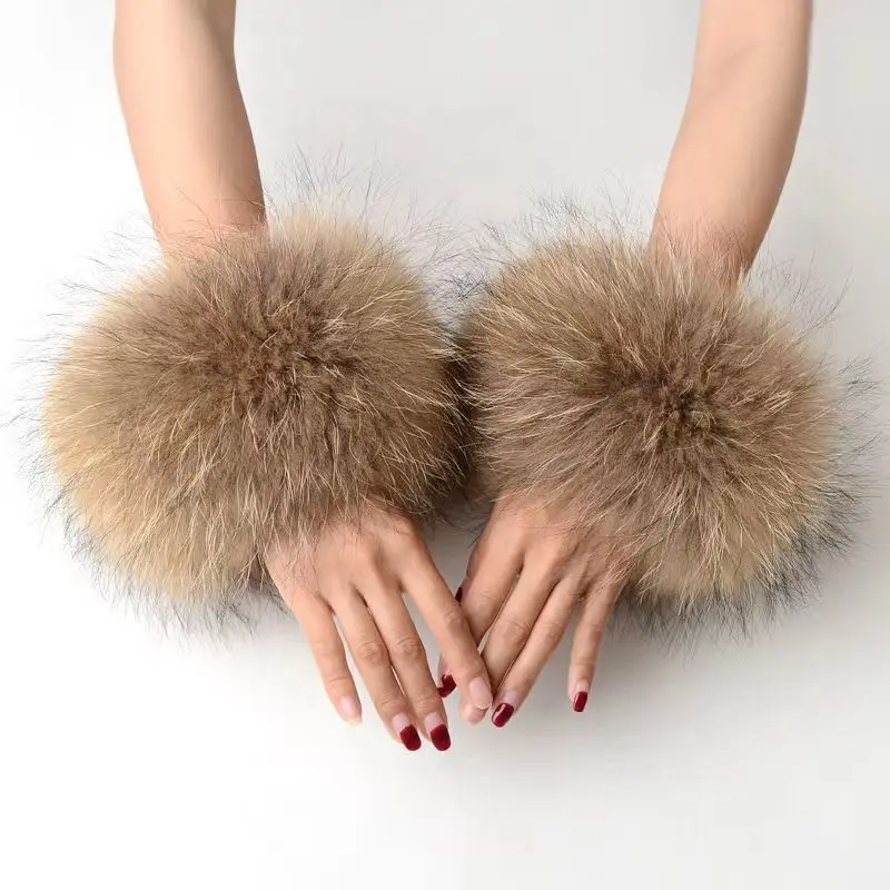 High Quality Winter Real Racoon Fur Cuffs Wrist Warmer Coat Sleeve Decorate Genuine Fur Cuff Arm Bracelet Fur Wristband Glove