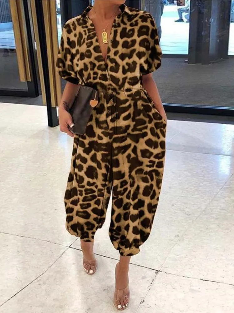 

Leopard Printed Jumpsuit 2024 Women Summer New Short Sleeves Leace-up Pocket Casual Jumpsuits Fashion Vintage Ladies Bodysuits