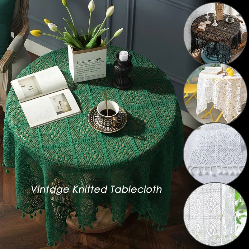 White/Green/Black Cotton Knitted Lace Tablecloth Crochet Cutout Table Topper Vintage Decorative Sofa Armrests Towels Cover Large