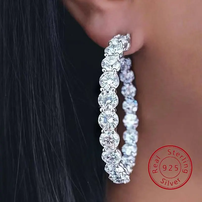 

Large Sparkling Zircon Moissanite Hoop Earrings for Women Top Quality 100% 925 Sterling Silver High Carbon Diamond Fine Jewelry