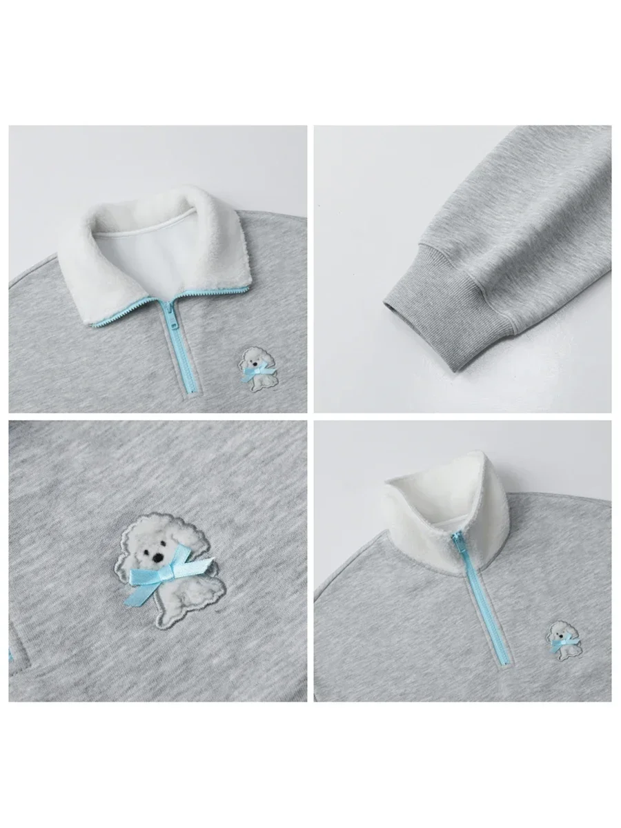 CHIC VEN Korean Women Sweatshirts Loose Stand Up Collar Plush Pullover Cartoon Embroidery Hoodie Fleece Female Top Autumn Winter