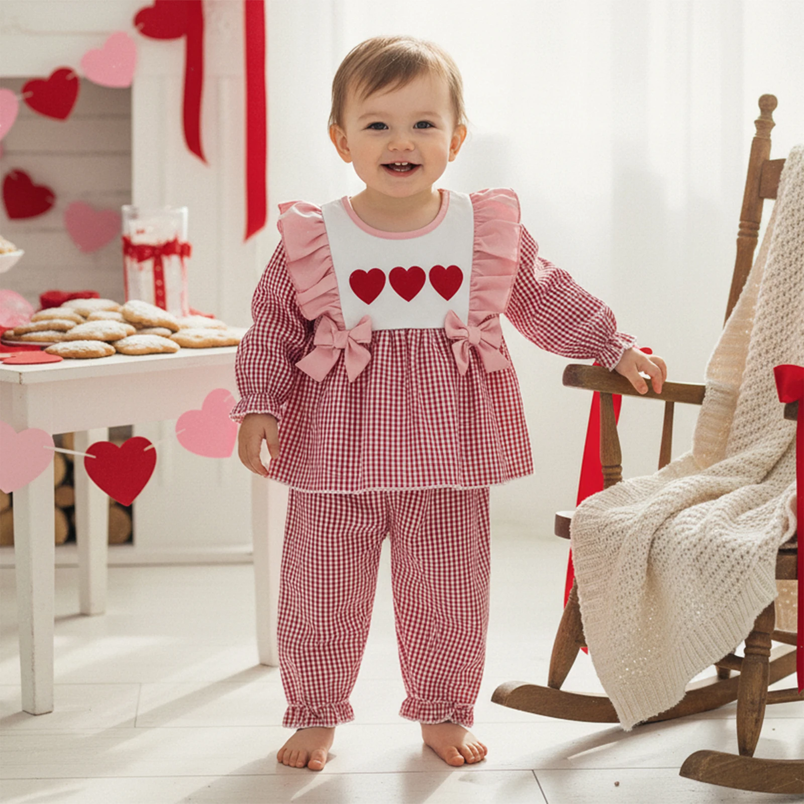 Kid Girls Valentine’s Day Set, Ruffled Long Sleeve Crew Neck Heart Embroidery Bows Decor T-shirt with Plaid Pants Spring Set