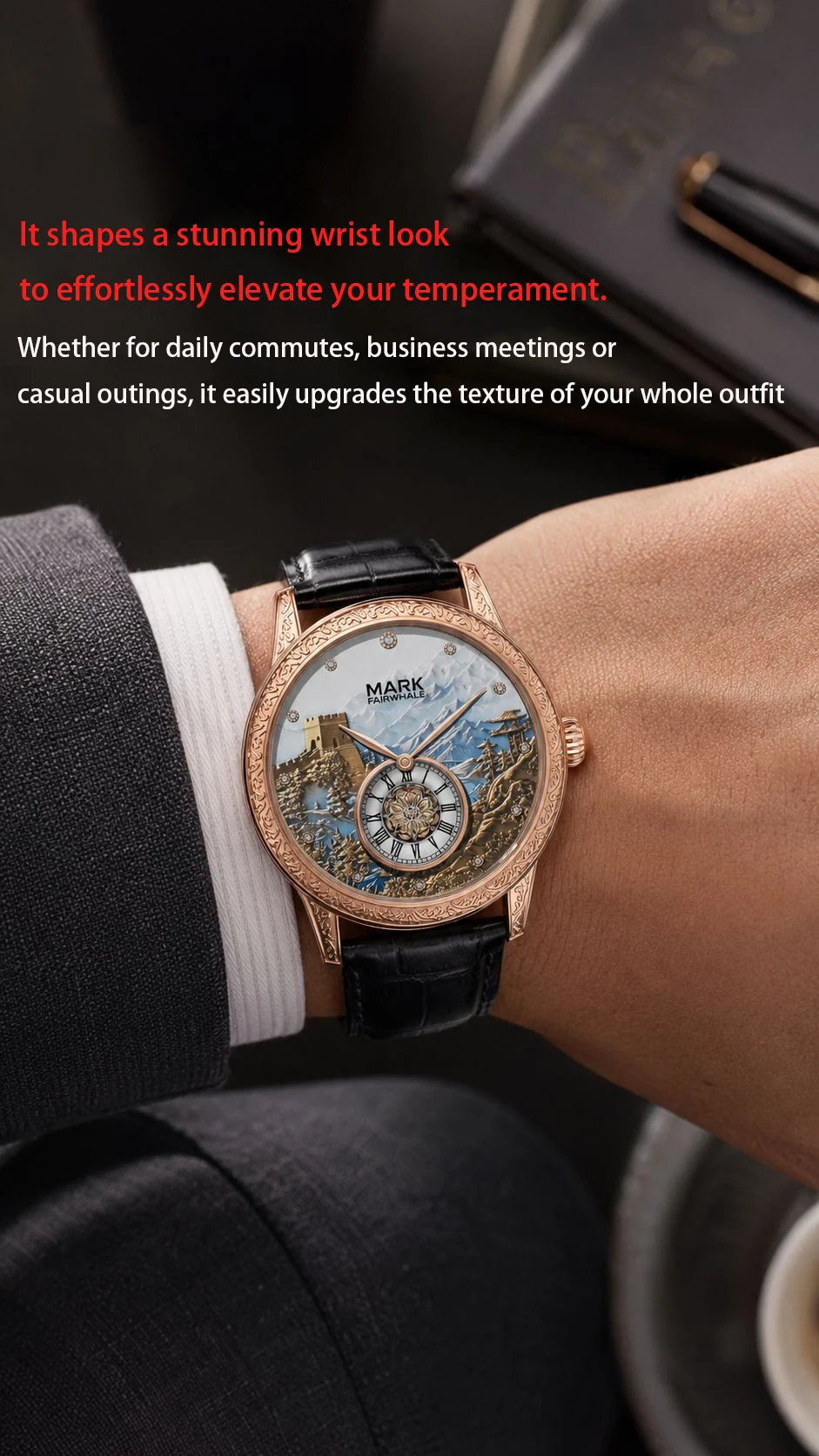 Men's Automatic Great Wall Mechanical Watch Luminous Skeleton Two Hands Small Second Sub Dial 30M Water Resistant 43MM Large Dia