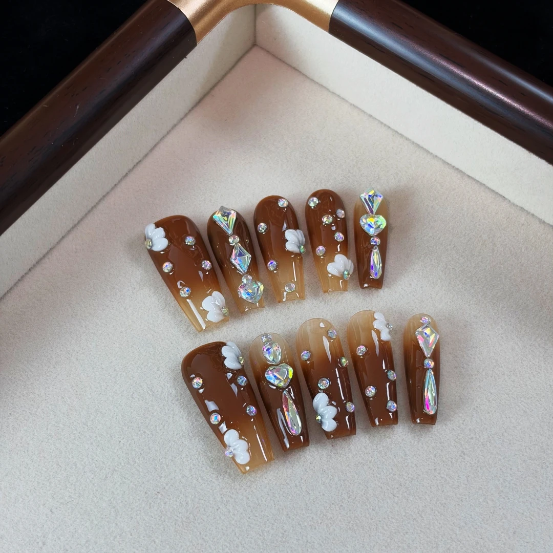10pcs High-end Luxury-lite style design, hand-painted three-dimensional patterns, dazzling stacked diamonds handmade fake nails