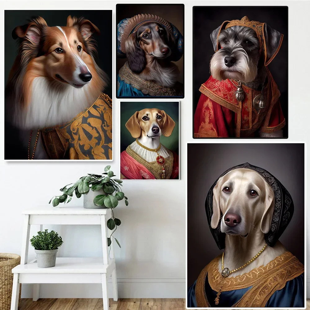 Funny Dogs Renaissance Portrait Poster Prints for Living Room Home Decor Middle Ages Noble Animal Canvas Painting Wall Art Gift