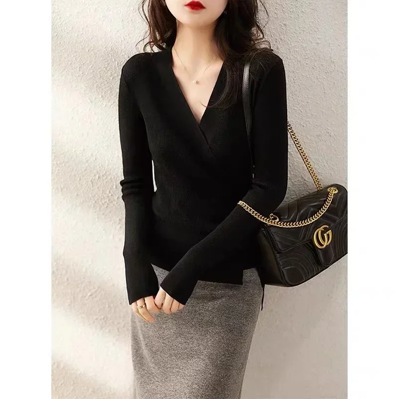 New Spring Knitted Slim Women Cardigan V-neck Lace Up Waist Design Elegant Sweater Long Sleeve Solid Color temperament Tops