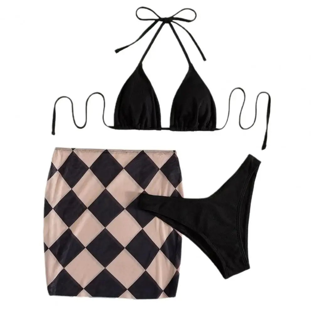 

3Pcs/Set Bikini Skirt Set Halter Bra Briefs Skirt Set Elastic Waist Skirt Bra Briefs Bikini Set