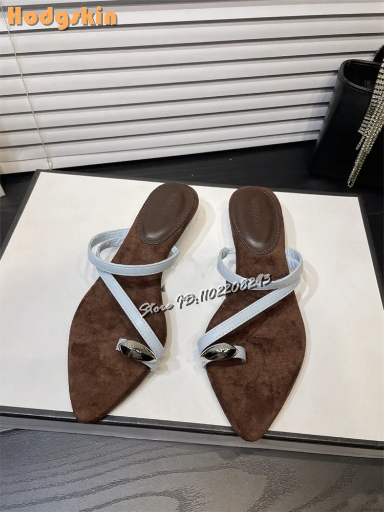 

Sexy Metal Buckle Slippers Clip-toe Cross-tied Low-heeled Mules Women Summer Outside Pointed Wedge Heel Sandals Shoes 2025 New