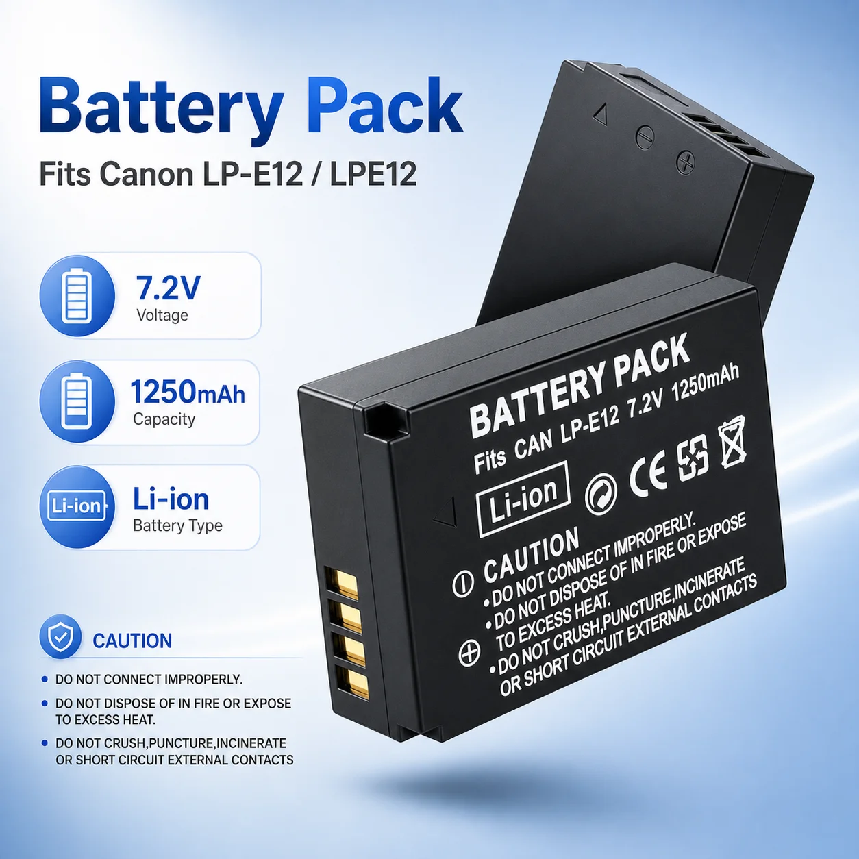 Premium Replacement LP-E12 1250mAh Rechargeable Battery For Canon EOS M, M10, M50, M100, 100D, Kiss X7, Rebel SL1 DSLR Camera