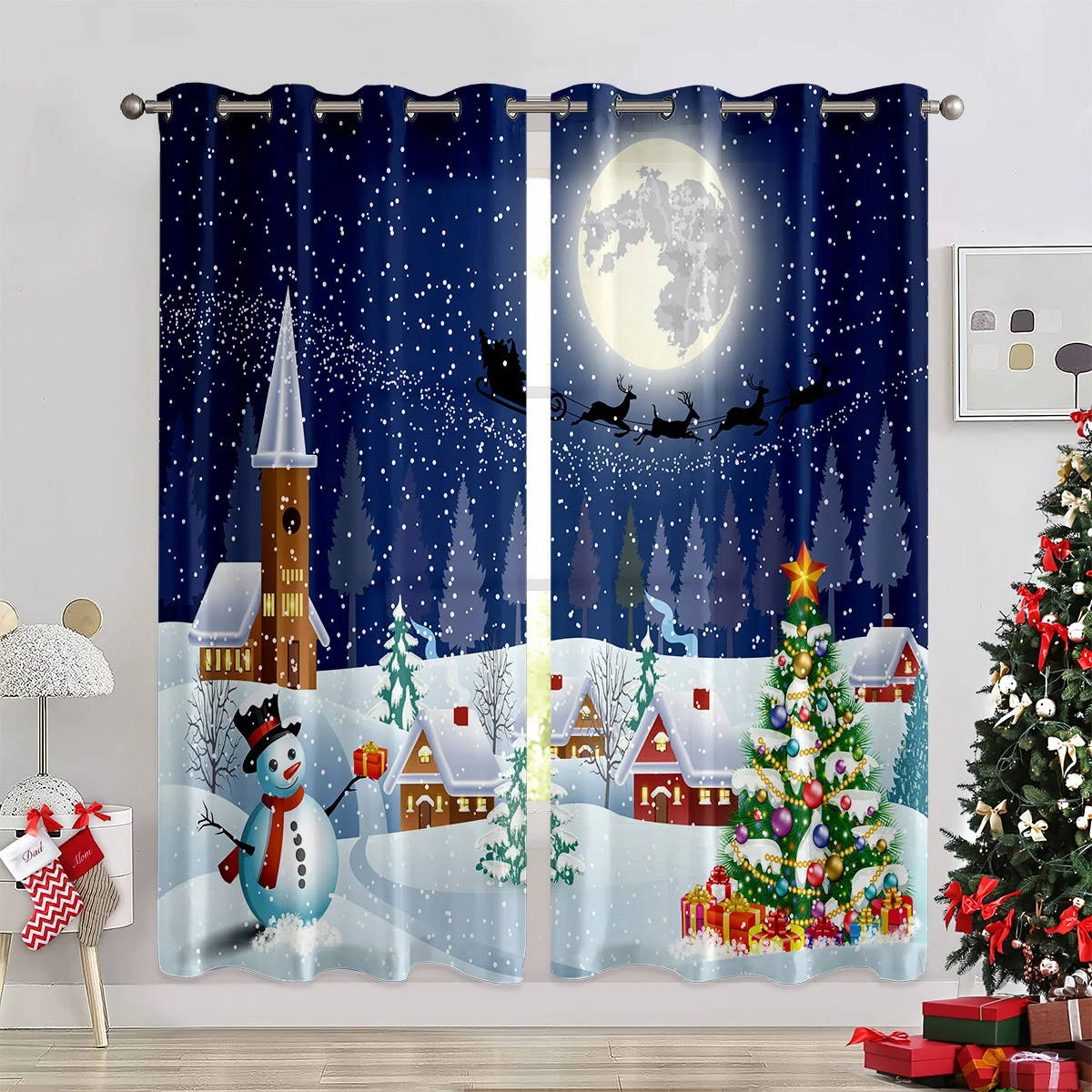 New Christmas-themed 3D curtains can be used as window drapes and valances, and are suitable for Christmas home decor ornaments.