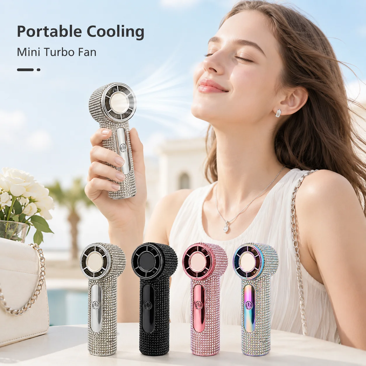 Speeds Strong Wind Outdoor Portable Handheld Fan Covered With Diamonds Type-C Rechargeable Outdoor Ice Cooling Fans ﻿