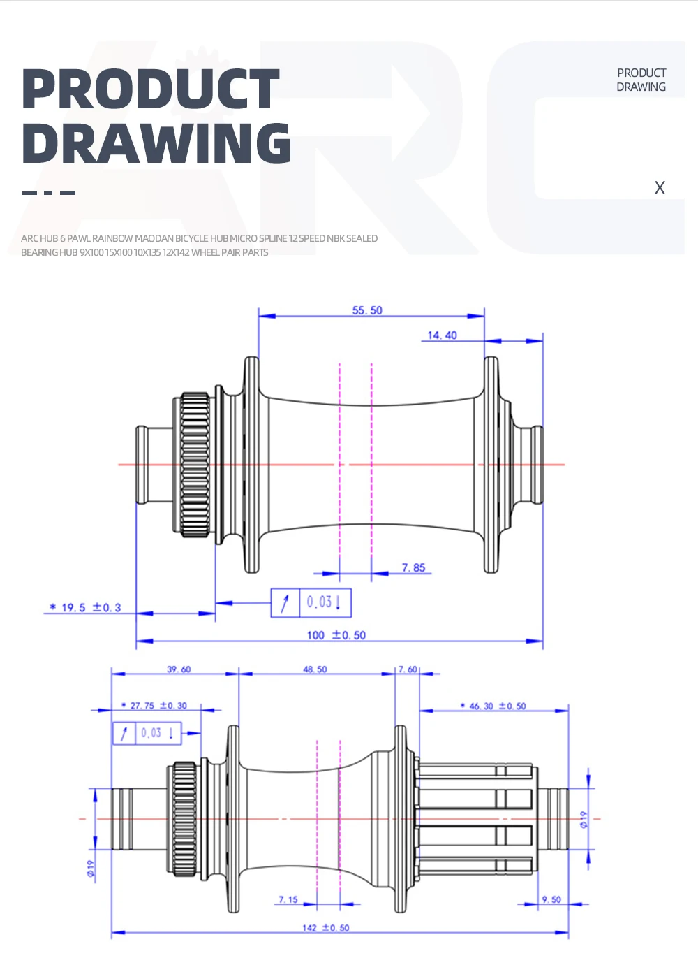 ARC Scheibenbremse, Straßennabe vorne, 12 x 100 mm, hinten, 12 x 142 mm, Mittelsperre, abgedichtete Lagernabe, 4 Sperrklinken für HG 8–11 V/Sram XDR 12 Gänge – Detail 2