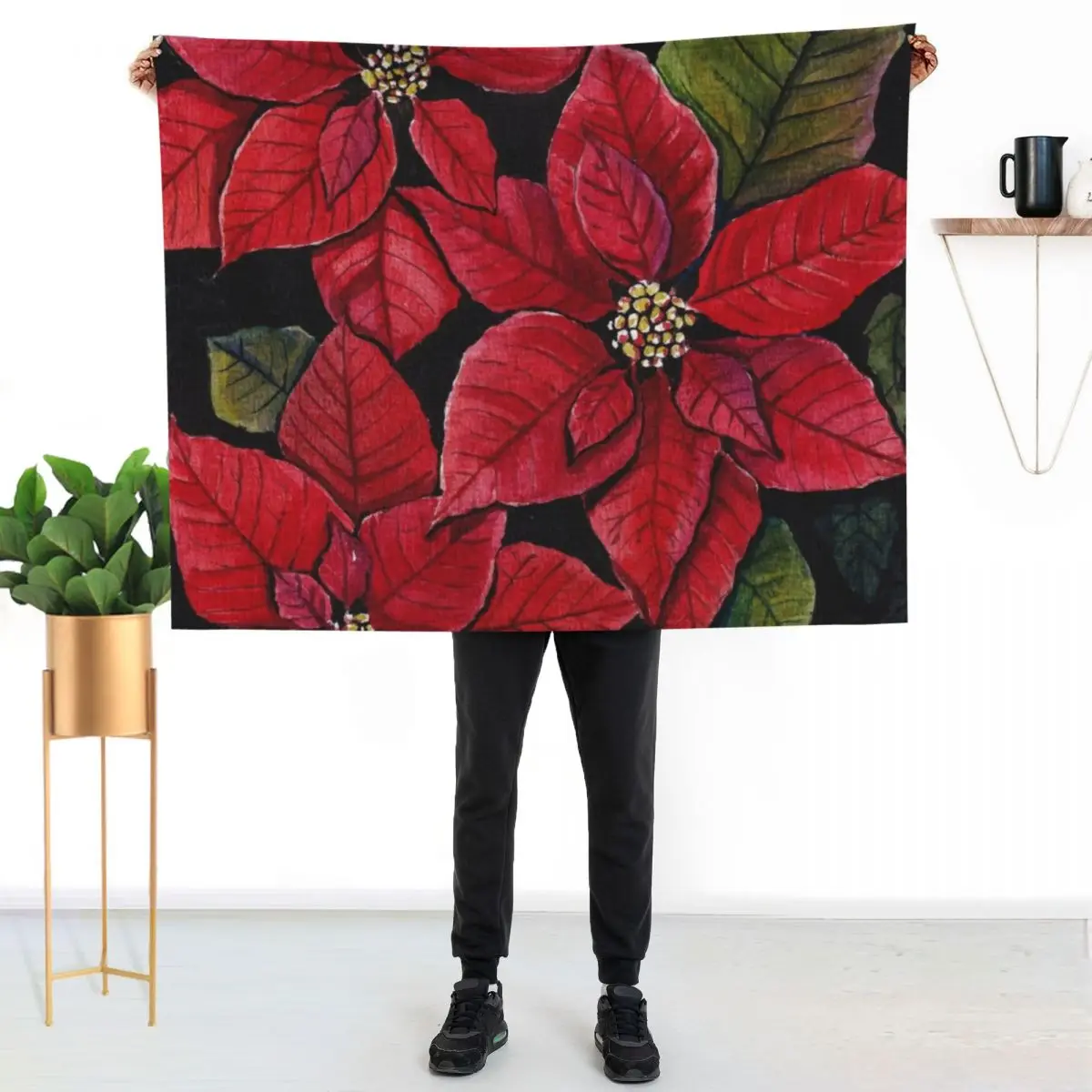 

Vibrant Poinsettia Watercolour Artwork Throw Blanket Soft Comfort Blanket for Reading Watching TV
