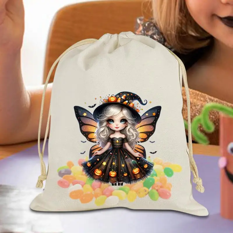 Multifuncional Halloween Party Bags, cordão de algodão, fadas impressas, doces sacos, leve, grande