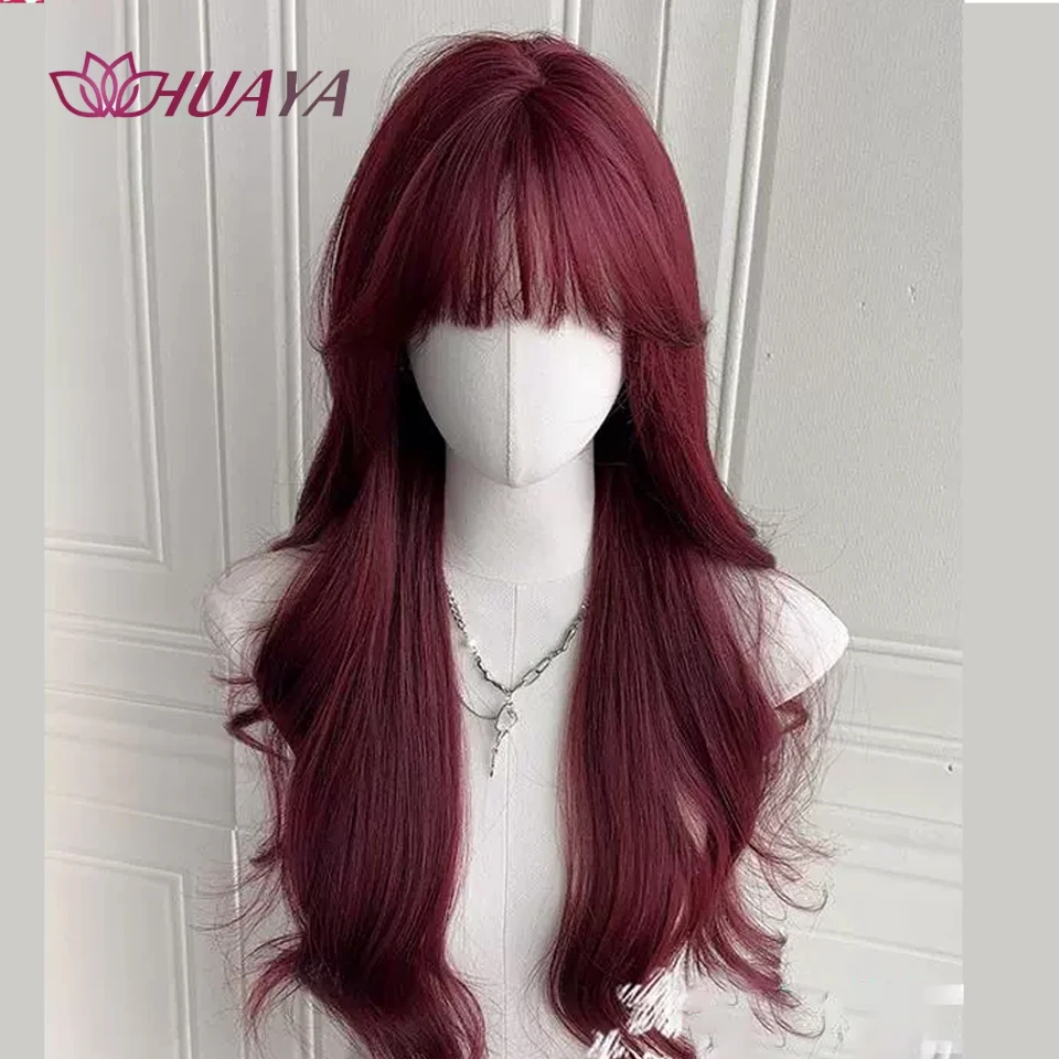 

Lolita Wine Red Wig for Women Long Wavy Hair 60cm Curly Wig with Bangs Cosplay Headband Wigs Synthetic Wigs for Daily Use