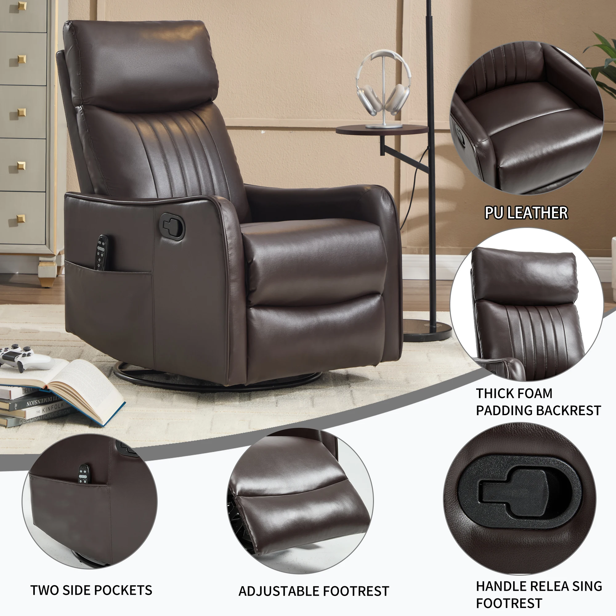 Manual Recliner Chair with Heat & Massage, Brown Faux Leather Rocker Swivel Accent Chair for Living Room view 3