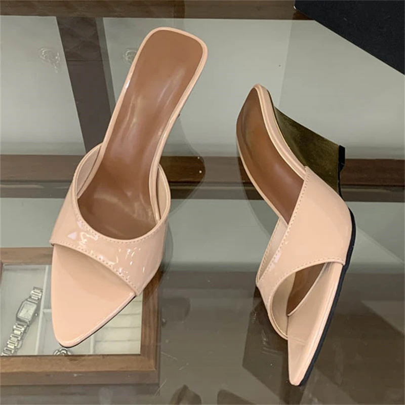 

Aneikeh Women's Nude Patent Leather Wedge Mules Pointed Open Toe Slip on Wedge Heel Slides Summer Casual Office Sandals