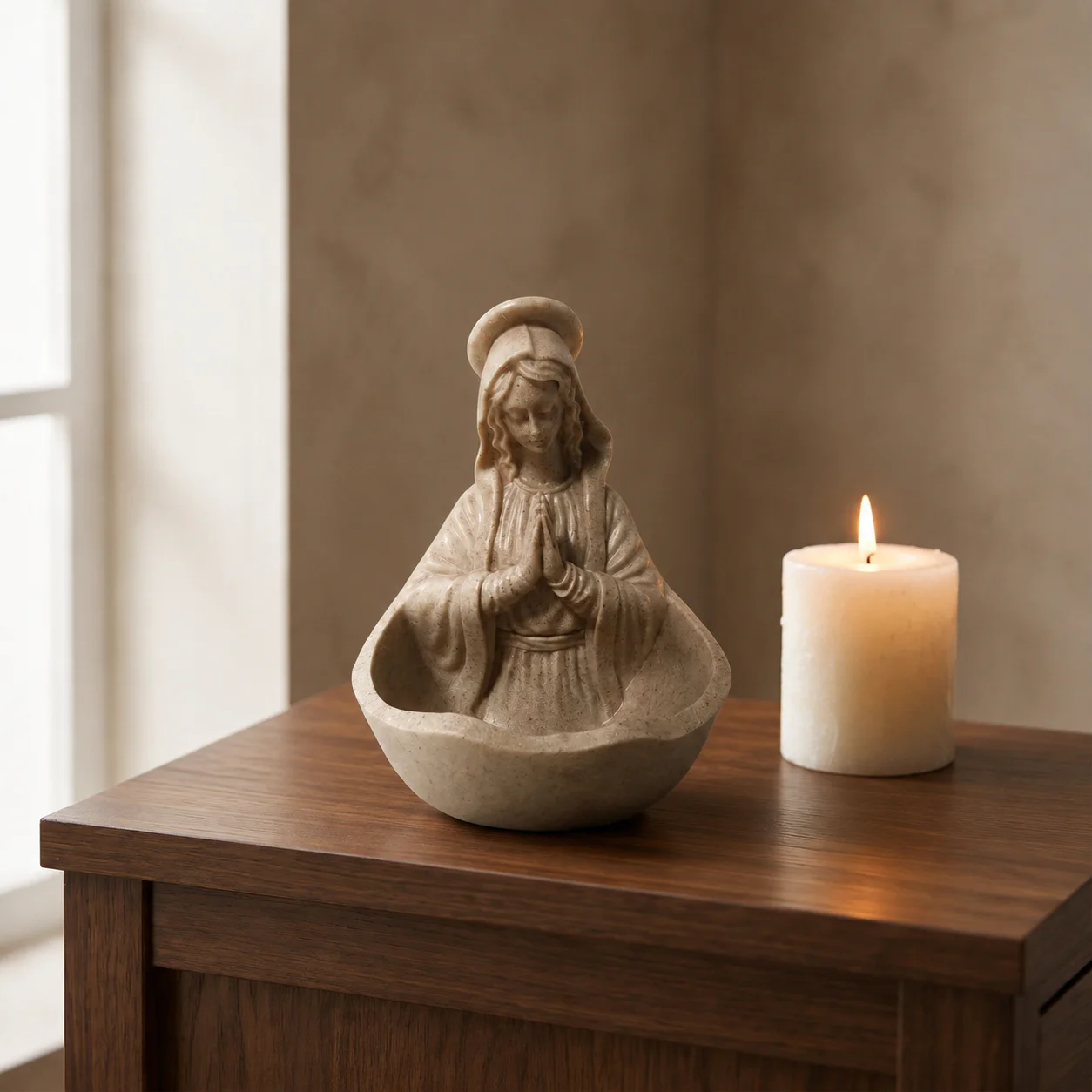 Imitation Sandstone Praying Virgin Mary Storage Statue, Decor Figurine for Home Living Room & Entryway, Religious Gift and Decor