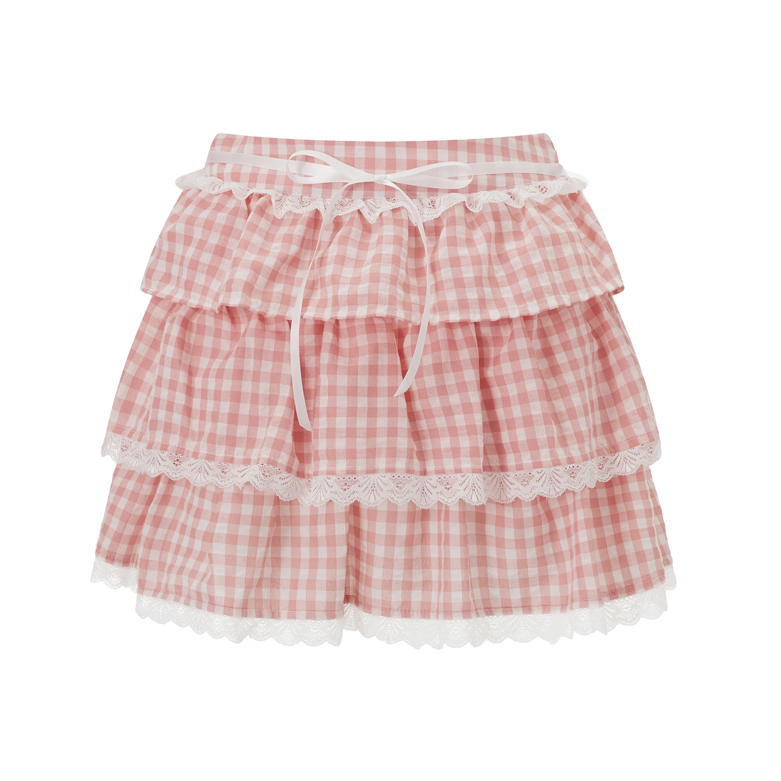 Women's Plaid Print Mini Skirts Tie-up Waist A-Line Skirts Swing Layered Ruffle Skirts