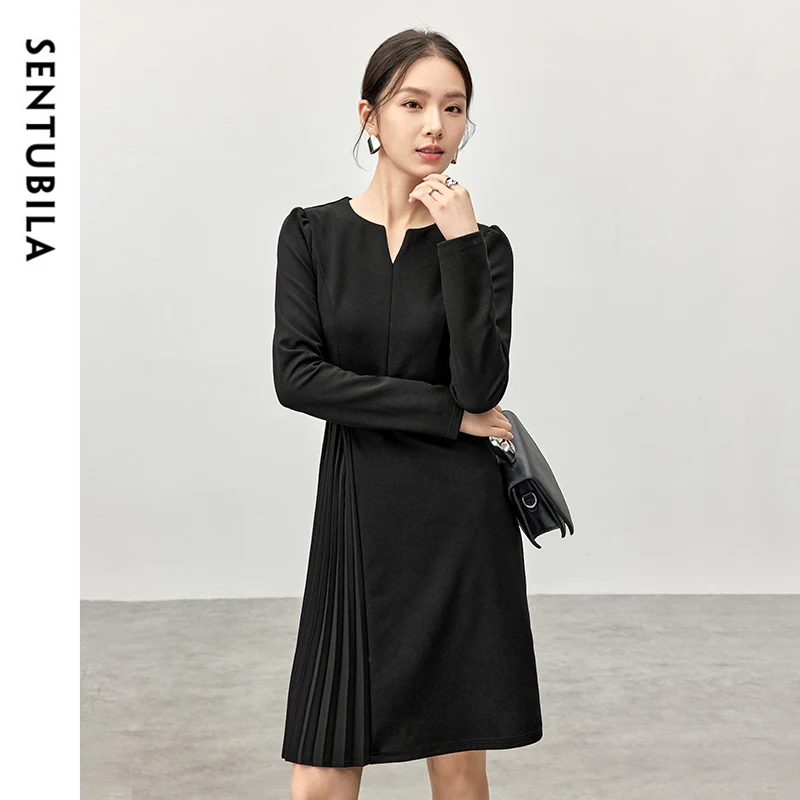 

SENTUBILA Elegant A-line Black Dress for Women 2024 Winter French Solid Knit V Neck Pleated Sashes Mini Dress Clothes 143L57014