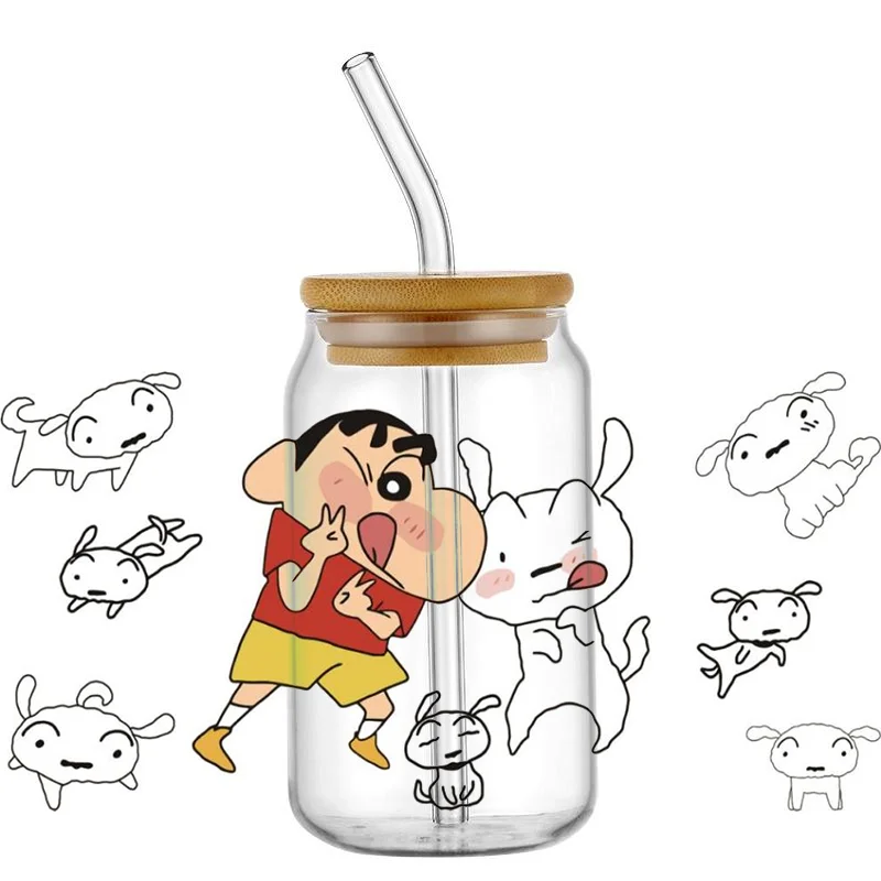 Miniso-Shin-chan Decal Wrap Adesivos, 3D Crayon, Impermeável, UV, DTF Cup, Envoltórios da caneca, DIY, 16oz, Vidro Libbey