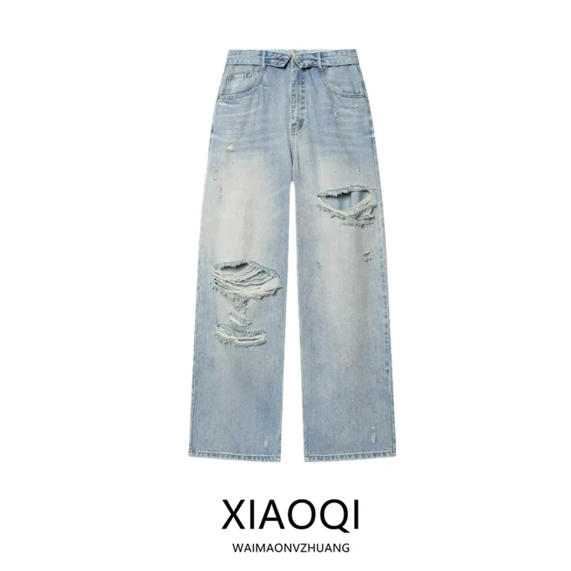 Spring 2026 Women's Casual Hole-Ripped Flip- Jeans Mid-Waist Loose Fit No Stretch Natural Waist Button Closure