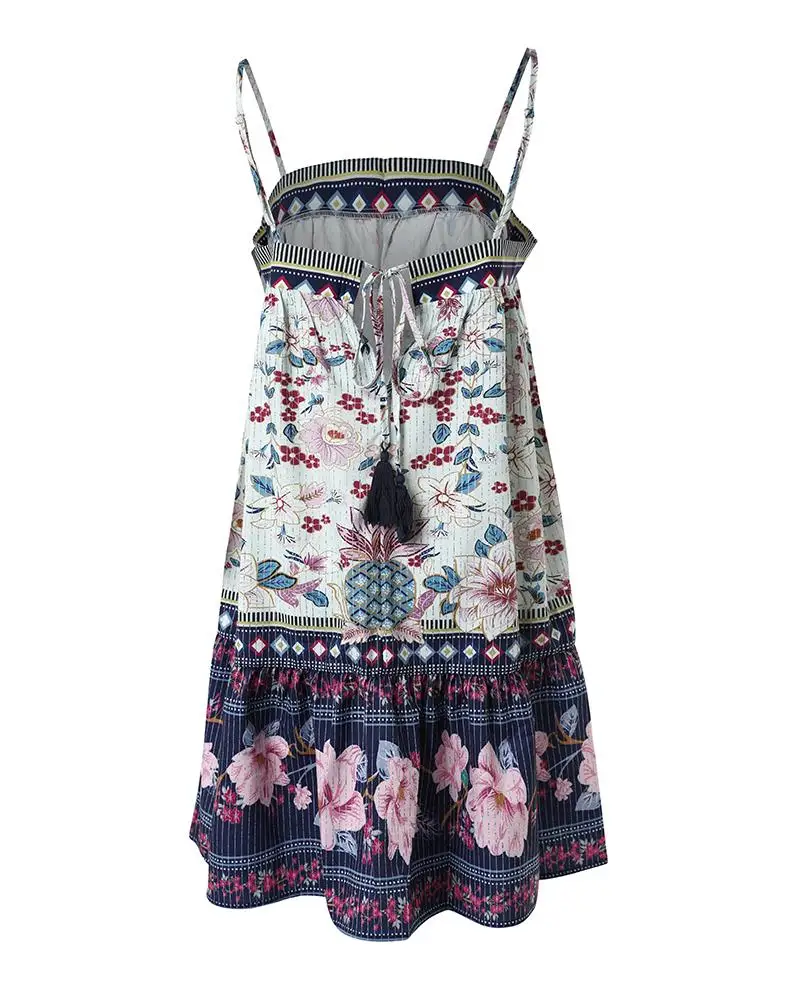 Robe d'été à imprimé floral tribal pour femmes, bretelles spaghetti, à lacets, forme trapèze, sexy, fête, vacances