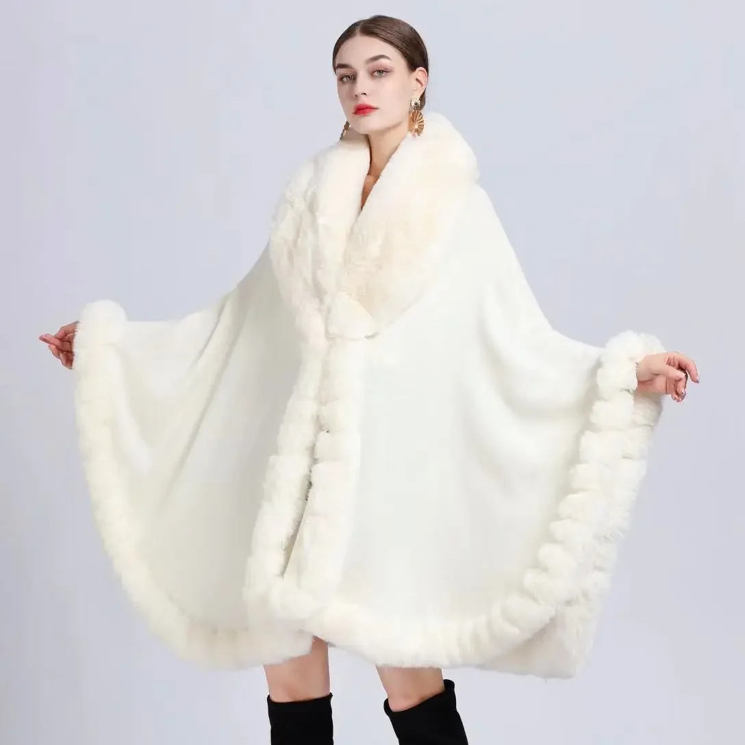 Cashmere Shawl for Women,Poncho,Imitation Otter Rabbit Fur Collar Loose Cape Warm Cardigan Cloak Coat Autumn New Overcoat L216