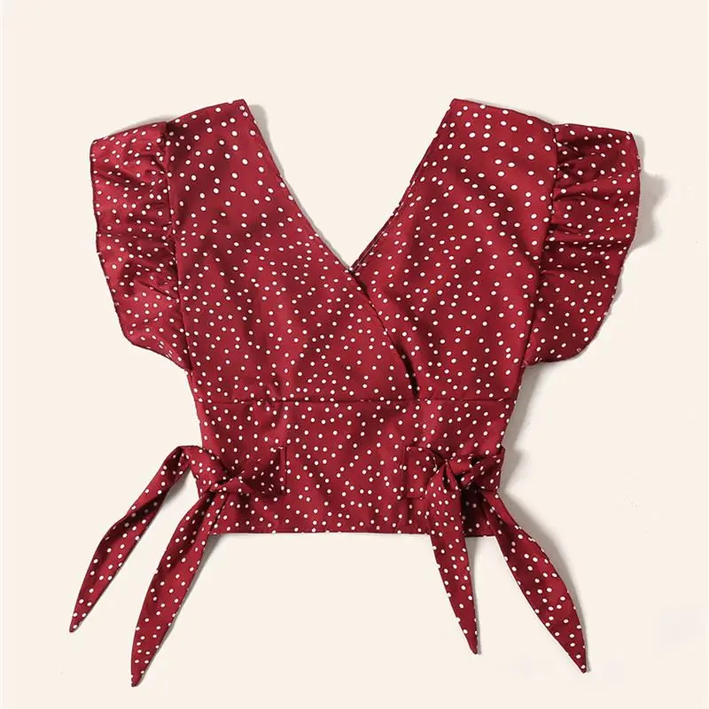 Blusa Cropped Fena Slim Fit com Estampa de Poá, Manga Curta, Estilo Urbano, Decote V, Patchwork Floral, Estilo Europeu e ...