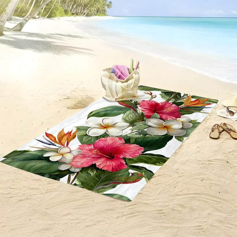 Custom Tropical Hibiscus Beach Towel Plumeria Flower Bird Print Microfiber Sand Free Quick Dry Soft Travel Pool
