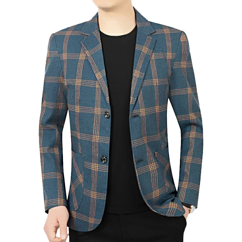 KIDWHXR Blazer Man Four Seasons Fashion Plaid Long Sleeve Pocket Men Suit Jacket Slim Comfortable Male Business Casual Coat