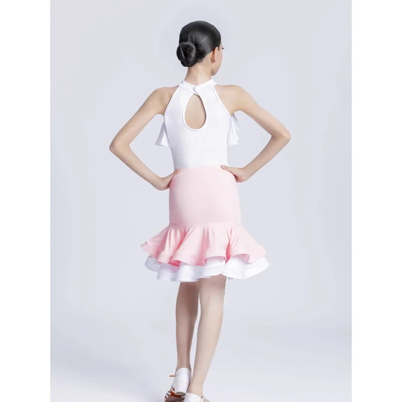 White Pink Latin Dance Costume Girls Summer Dance Dress Cha Cha Rumba Dance Performance Suit Kids Latin Practice Clothes