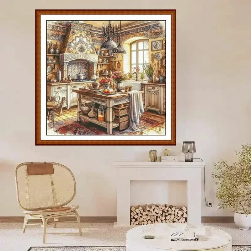 [[zz8078-american country kitchen] Stamped Cross Stitch Kit 14CT 18CT 16CT DIY Printed Canvas Cotton Thread Embroidery, Full Kit