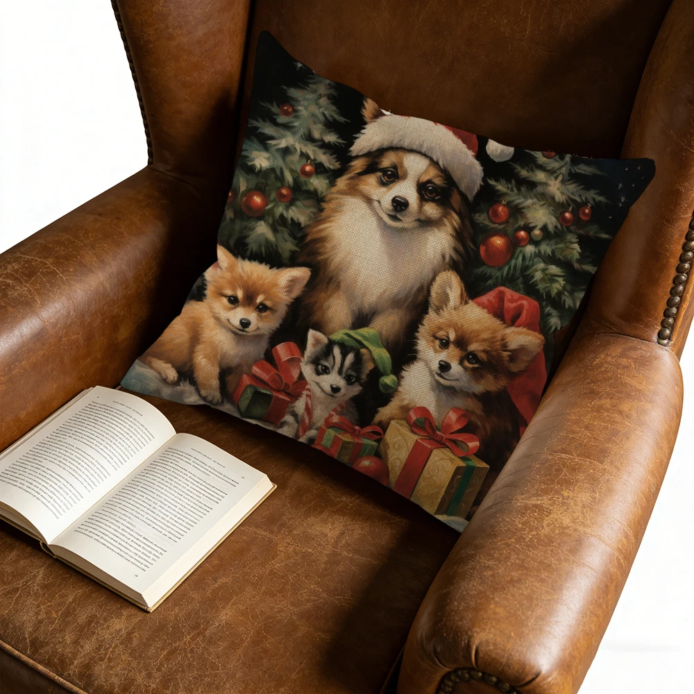 1Pc Christmas Multicolor Cute Dog Family Santa Hat & Gifts Print Cushion Cover for Sofa Bed Living Room 45x45cm