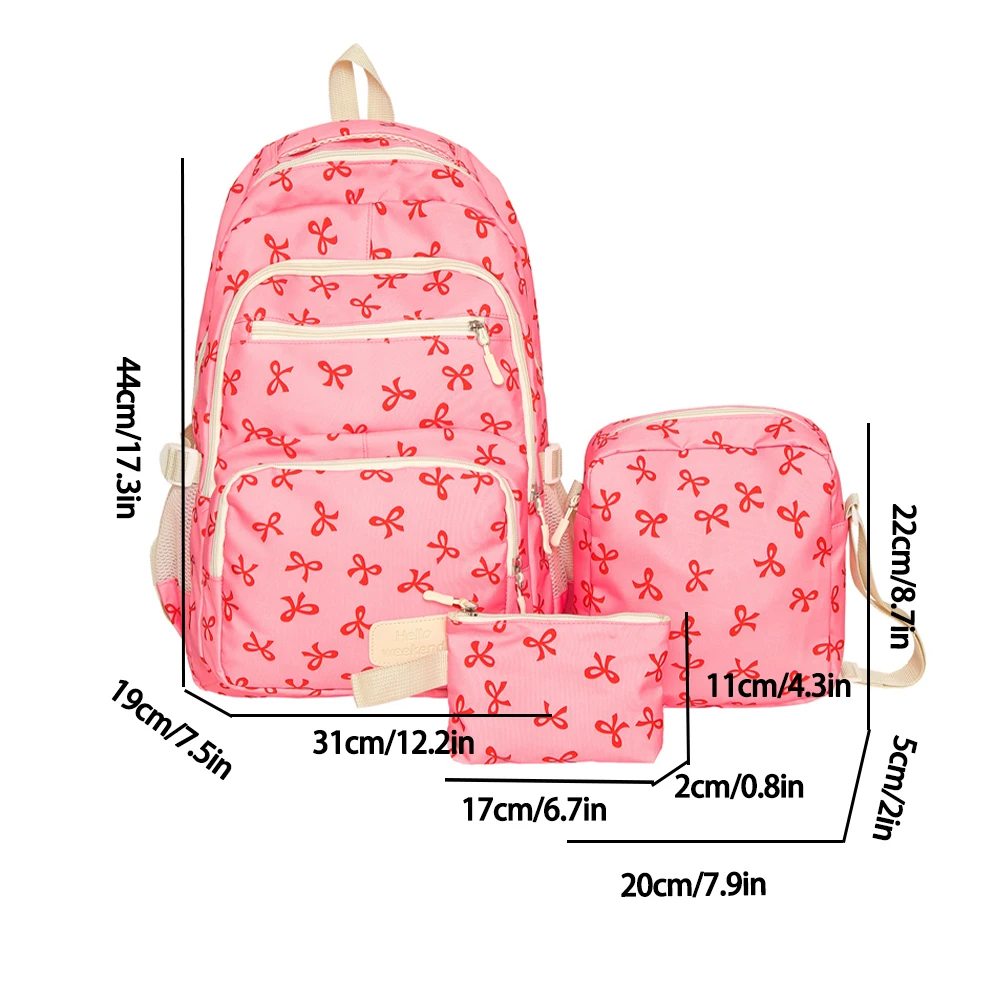 Koreanischer Mode-Rucksack mit Schleifenmuster für Damen, leicht, schlicht, Schulrucksack für Studentinnen, dreiteiliges Set. – Detail 1