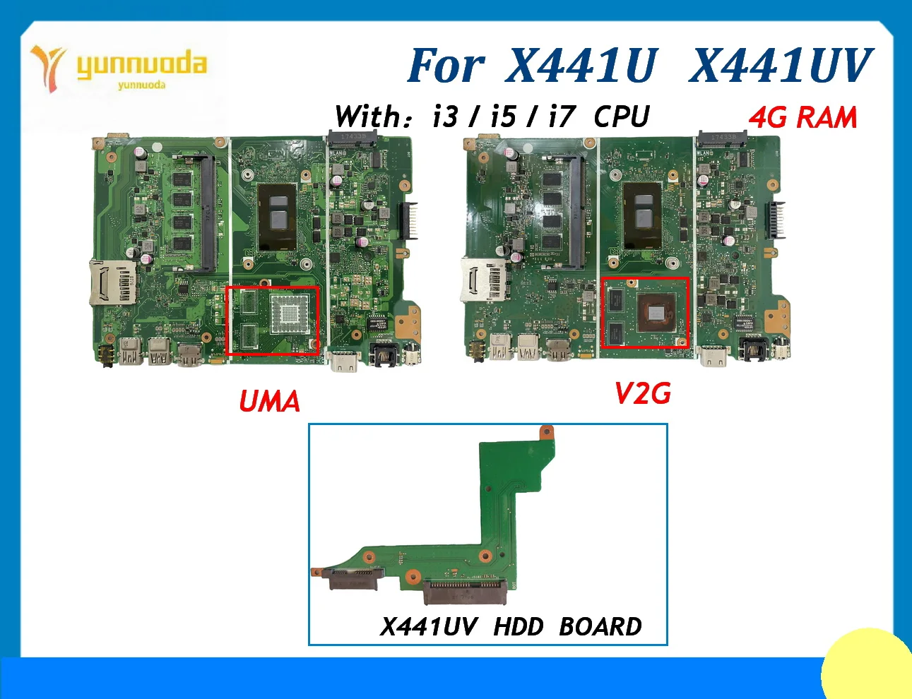 X441UV For ASUS X441U A441 X441UA X441UVK X441UB Laptop Motherboard With  i3 i5 CPU UMA V2G 4G RAM  HDD board test ok